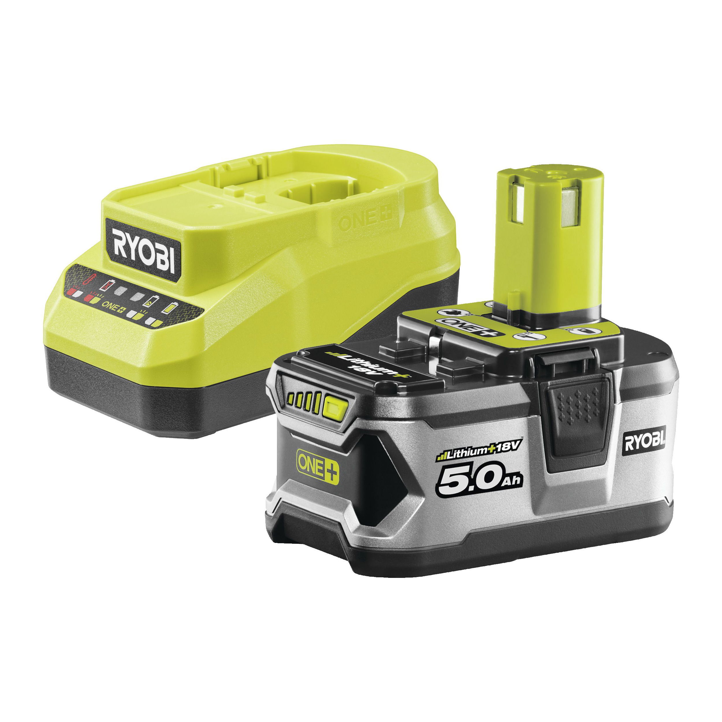 Ryobi RC18120A-150 18V ONE+ töltő és 1 db Lithium+ Li-ion akkumulátor, 18 V, 5.0 Ah termék fő termékképe